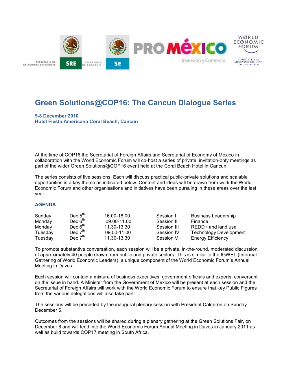 Green Solutions@COP16: the Cancun Dialogue Series