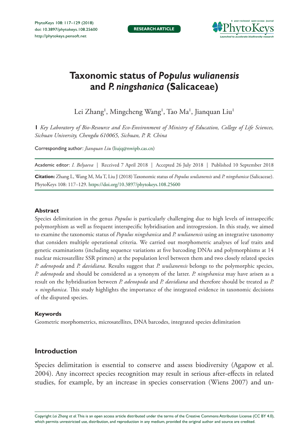 Taxonomic Status of Populus Wulianensis and P. Ningshanica (Salicaceae)