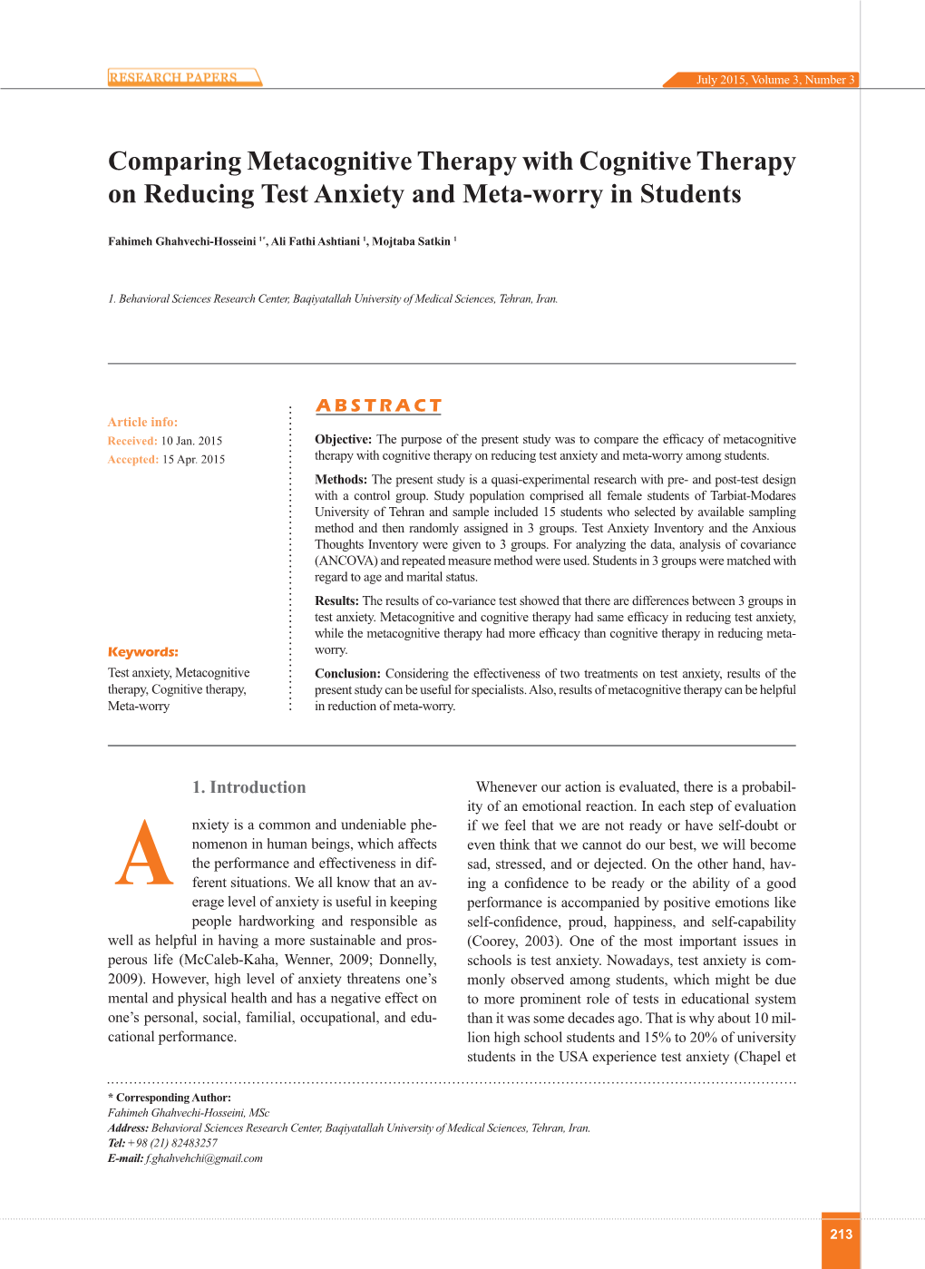 Comparing Metacognitive Therapy with Cognitive Therapy on Reducing Test Anxiety and Meta-Worry in Students