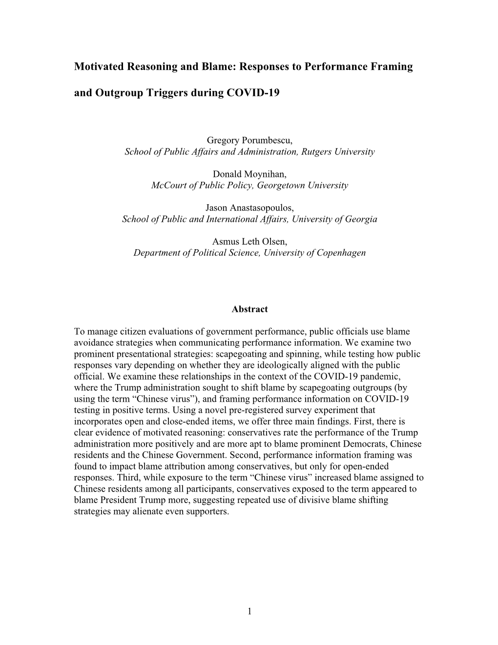 Motivated Reasoning and Blame: Responses to Performance Framing and Outgroup Triggers During COVID-19