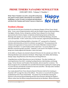 PRIME TIMERS NANAIMO NEWSLETTER JANUARY 2018 - Volume 3: Number 1
