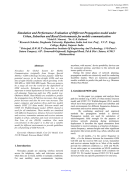 Simulation and Performance Evaluation of Different Propagation Model Under Urban, Suburban and Rural Environments for Mobile Communication 1Vishal D