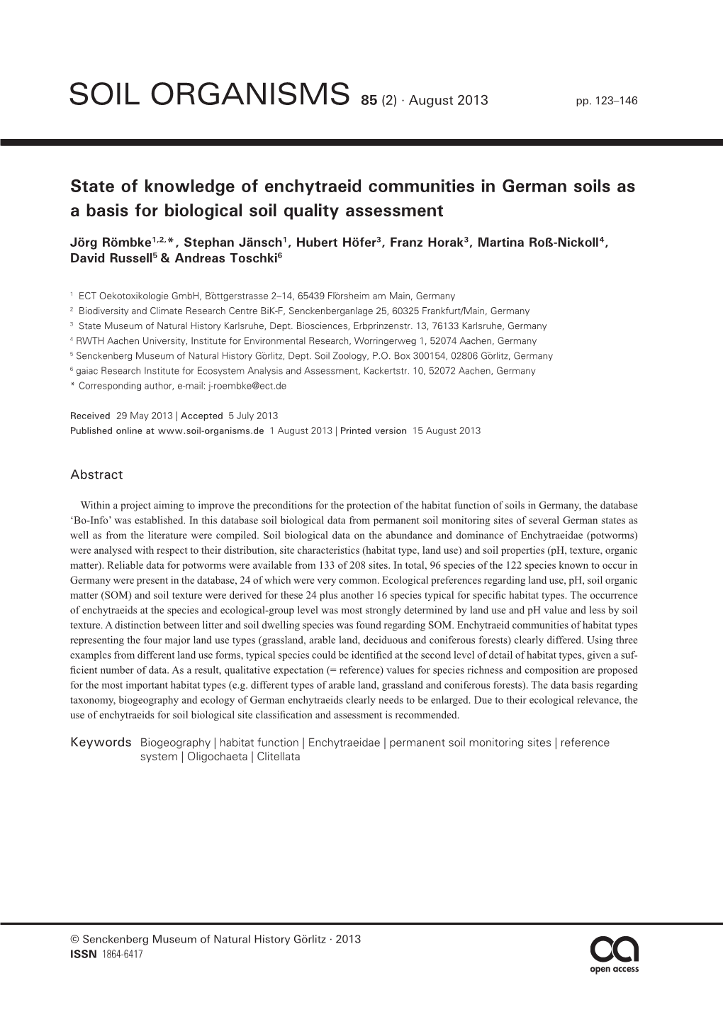 State of Knowledge of Enchytraeid Communities in German Soils As a Basis for Biological Soil Quality Assessment