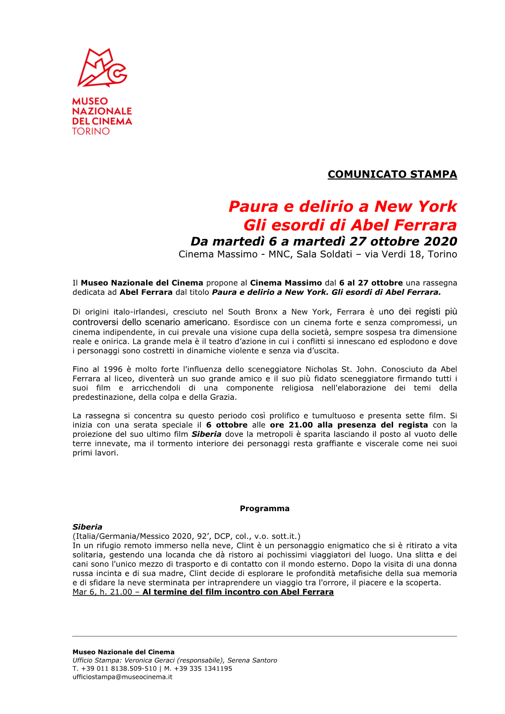 Paura E Delirio a New York Gli Esordi Di Abel Ferrara Da Martedì 6 a Martedì 27 Ottobre 2020 Cinema Massimo - MNC, Sala Soldati – Via Verdi 18, Torino