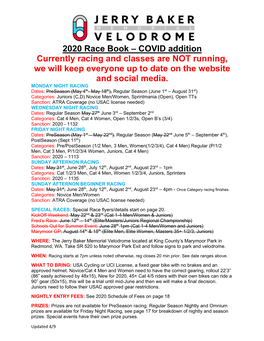 2020 Race Book – COVID Addition Currently Racing and Classes Are NOT Running, We Will Keep Everyone up to Date on the Website and Social Media