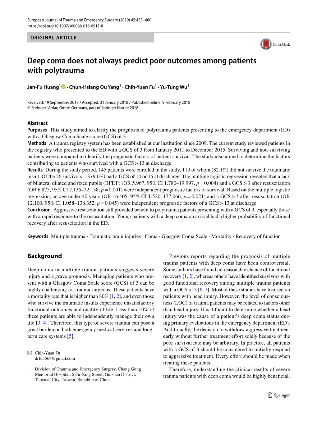 Deep Coma Does Not Always Predict Poor Outcomes Among Patients with Polytrauma