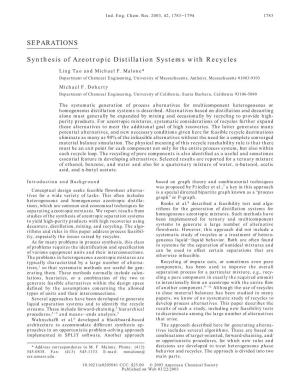 SEPARATIONS Synthesis of Azeotropic Distillation Systems With