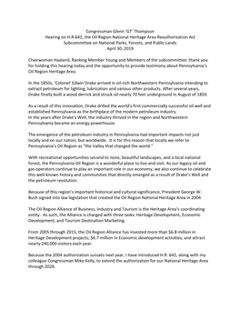 Congressman Glenn 'GT' Thompson Hearing on H.R.642, the Oil Region National Heritage Area Reauthorization Act Subcommittee O