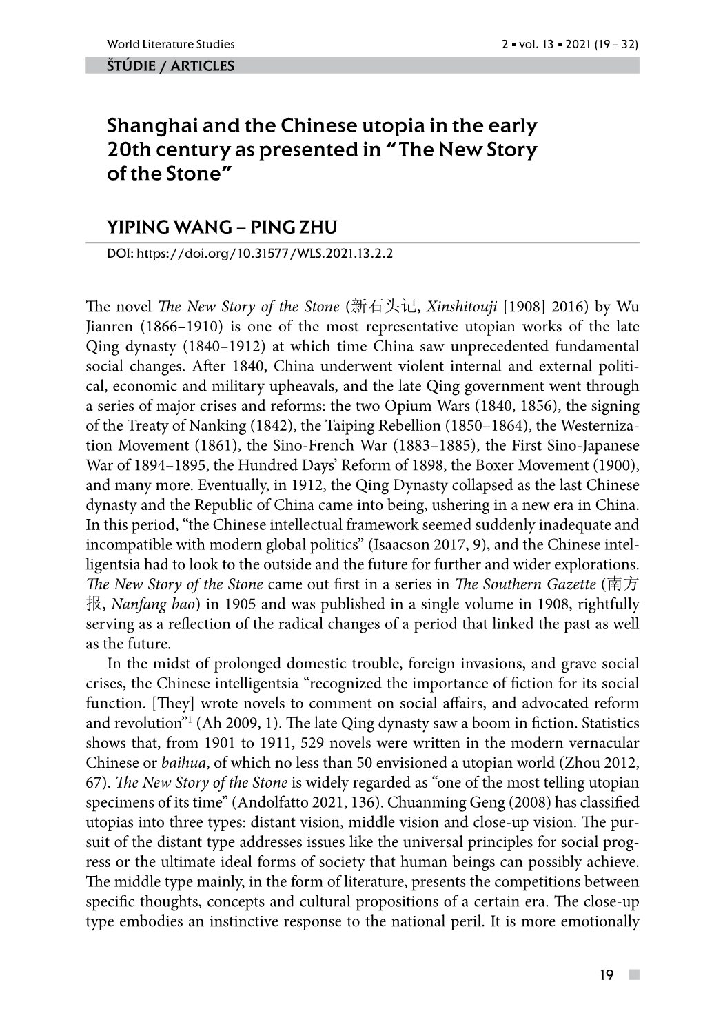 Shanghai and the Chinese Utopia in the Early 20Th Century As Presented in “The New Story of the Stone”