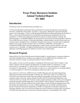 Texas Water Resources Institute Annual Technical Report FY 2003 Introduction the Mission of the Texas Water Resources Institute Is To