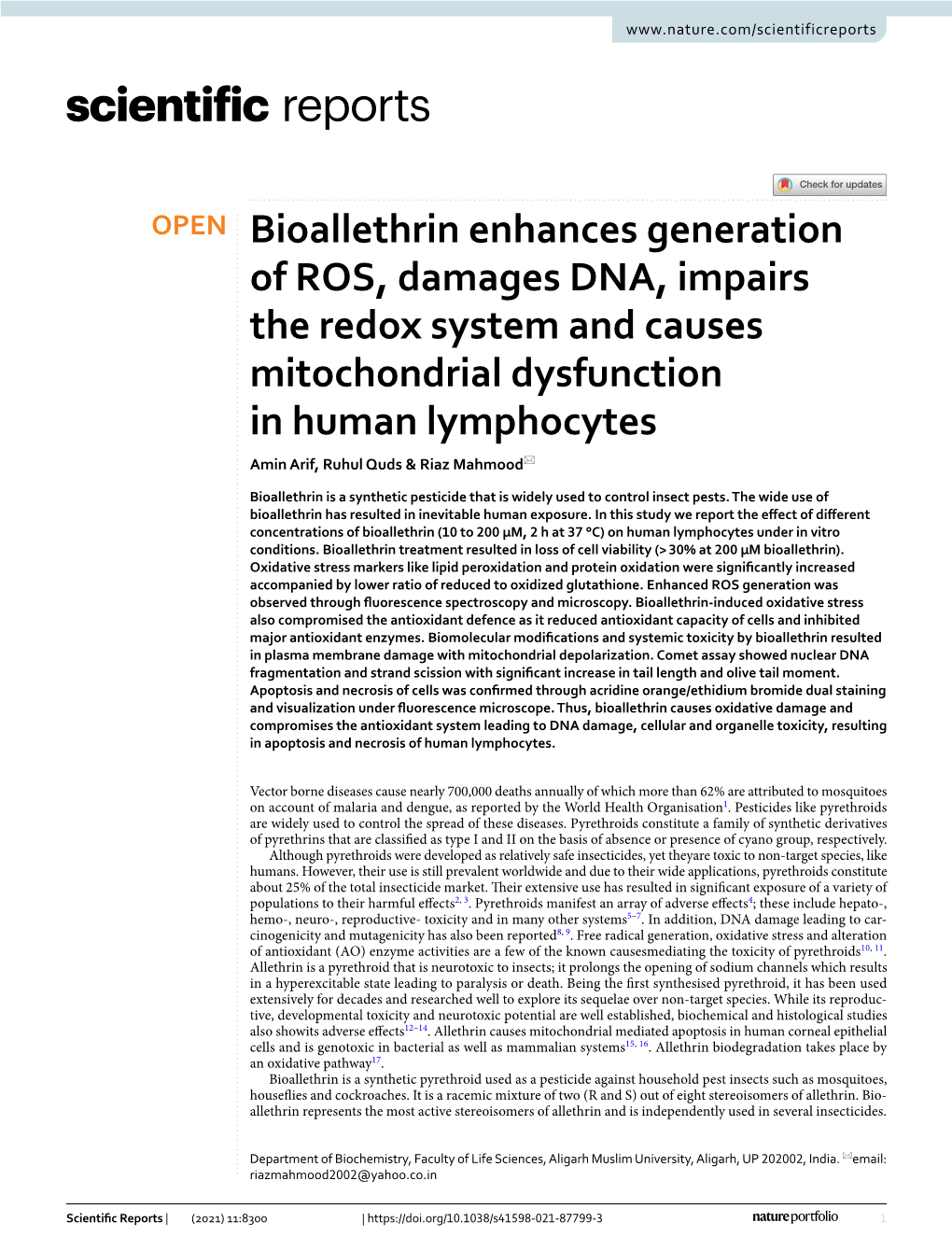 Bioallethrin Enhances Generation of ROS, Damages DNA, Impairs The