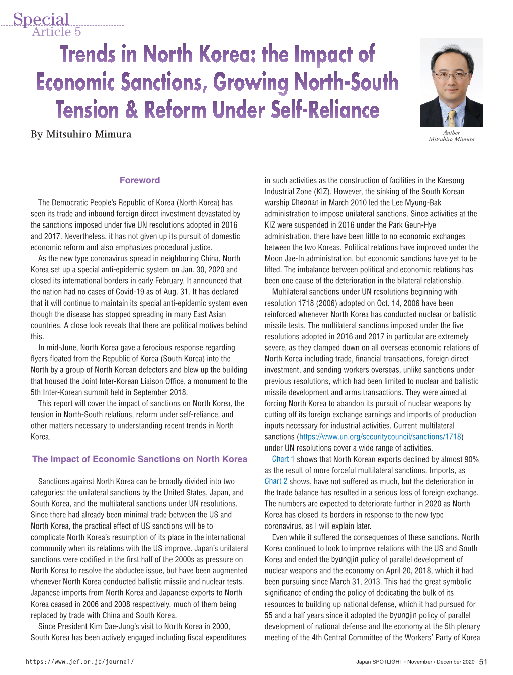 Trends in North Korea: the Impact of Economic Sanctions, Growing North-South Tension & Reform Under Self-Reliance Author by Mitsuhiro Mimura Mitsuhiro Mimura