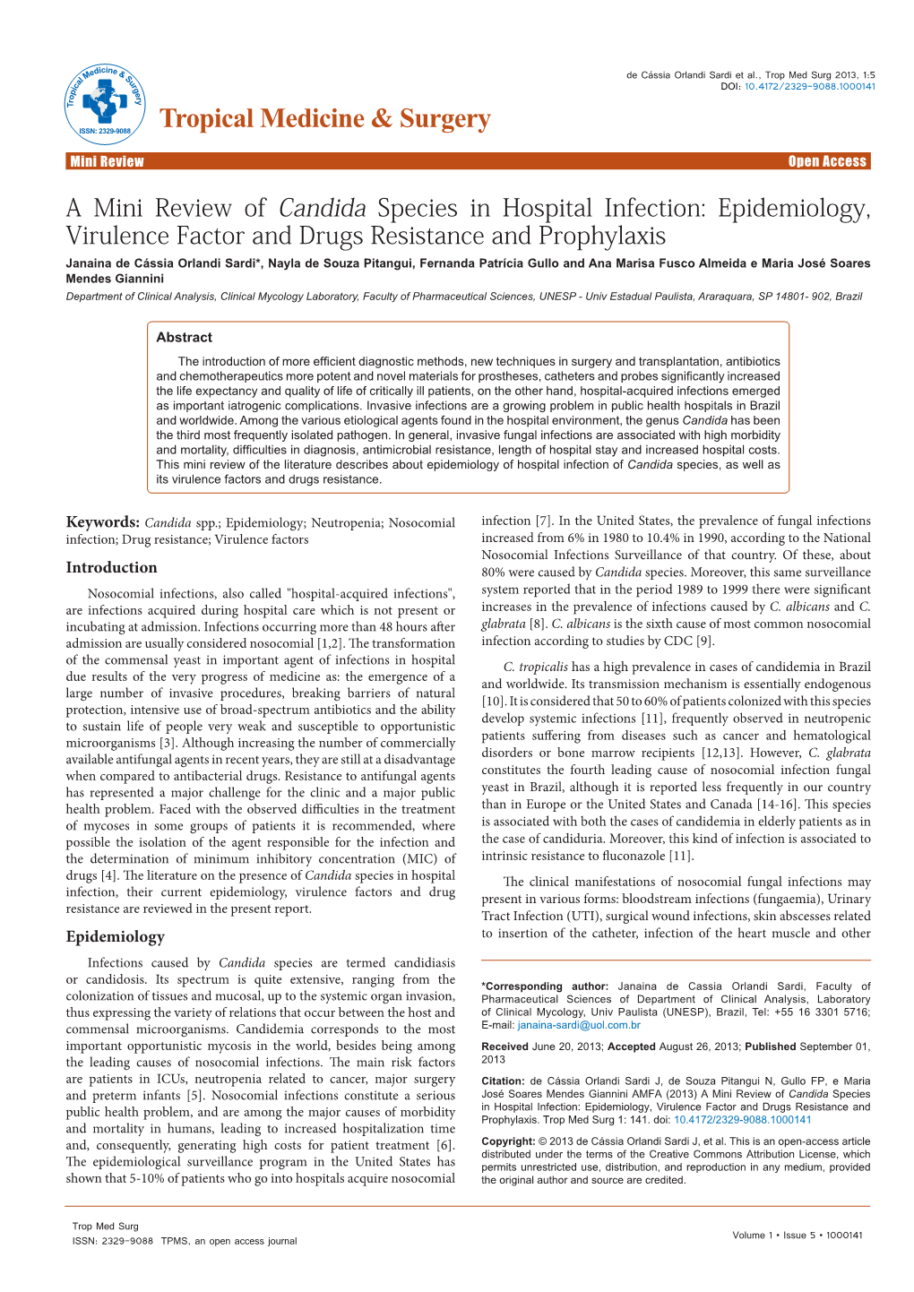 A Mini Review of Candida Species in Hospital Infection: Epidemiology