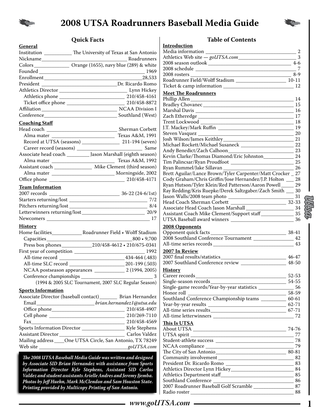 2008 UTSA Roadrunners Baseball Media Guide