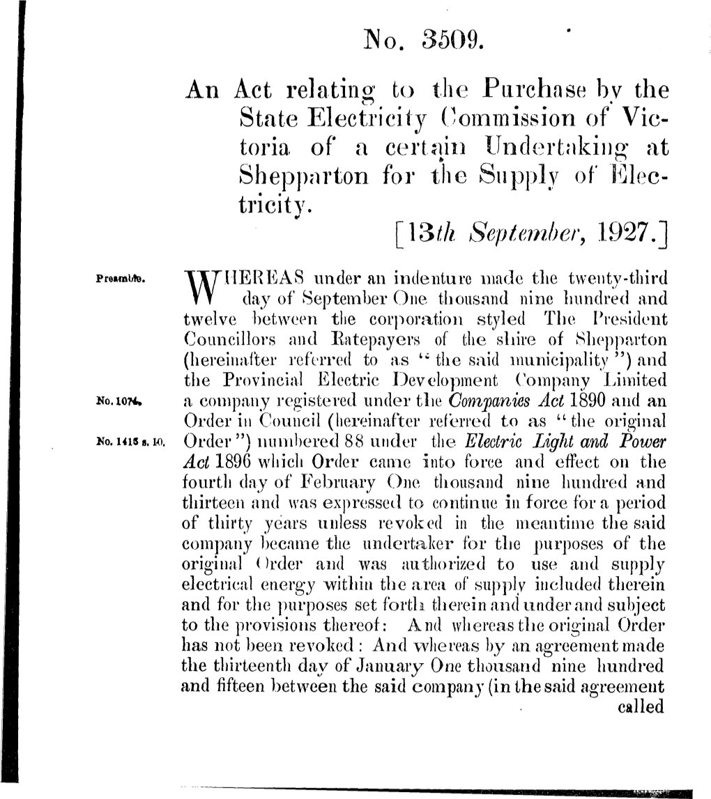 No. 3509. an Act Relating to the Purchase Bv the State Electricity Commission of Vic­ Toria of a Certain Undertaking at Shepparton for the Supply of Elec­ Tricity