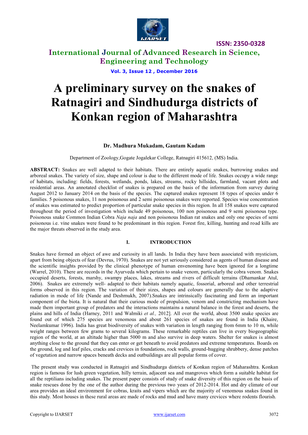 A Preliminary Survey on the Snakes of Ratnagiri and Sindhudurga Districts of Konkan Region of Maharashtra