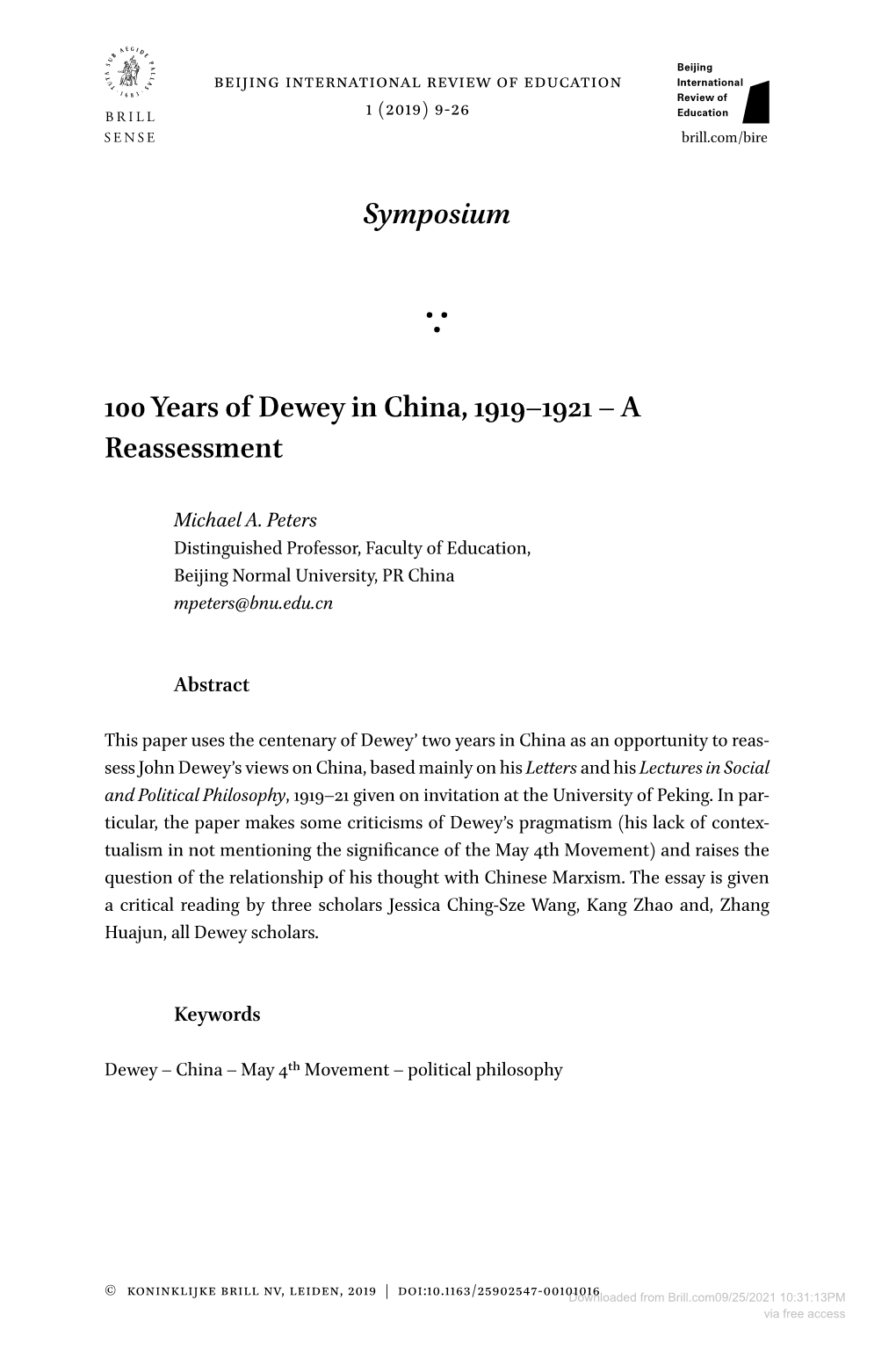 Symposium 100 Years of Dewey in China, 1919–1921 – a Reassessment