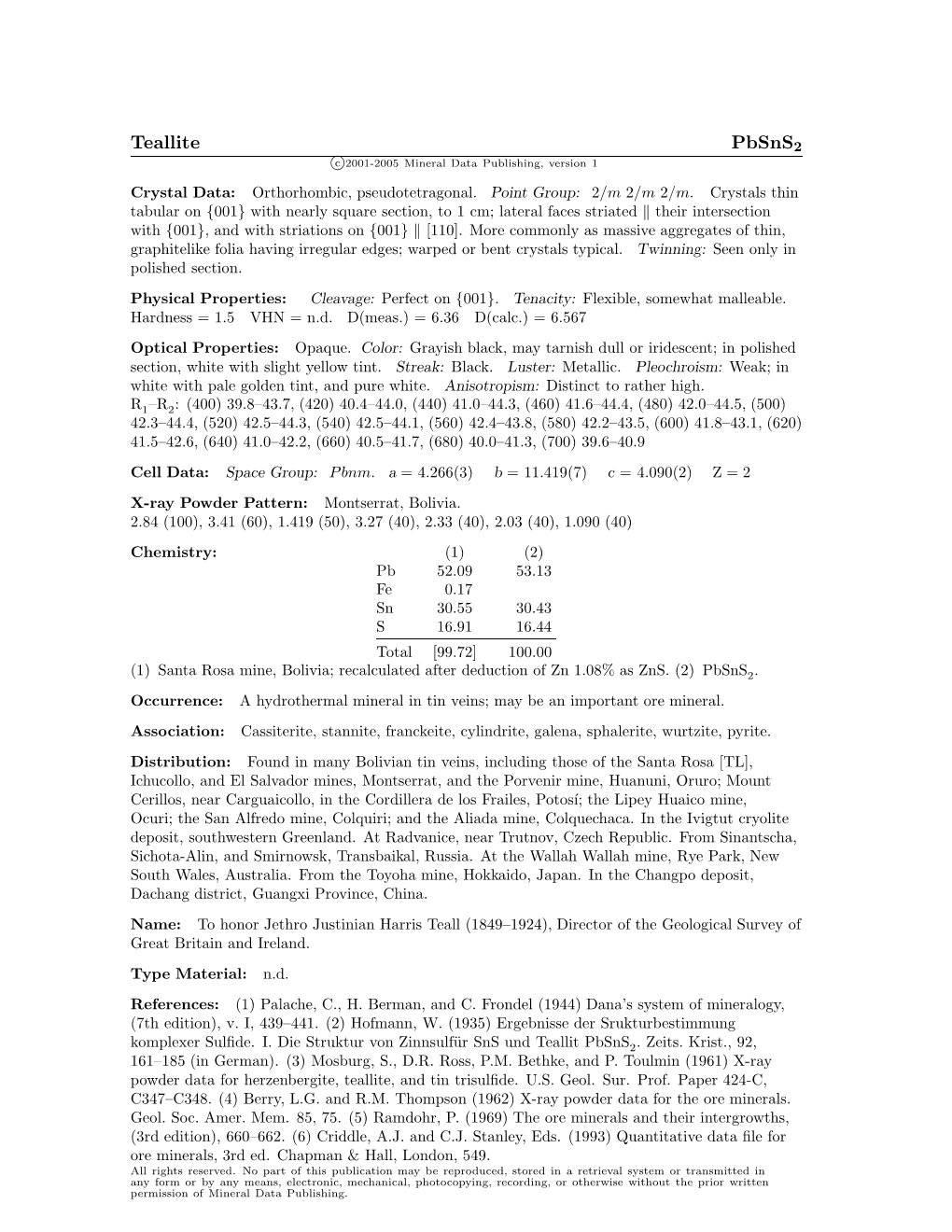 Teallite Pbsns2 C 2001-2005 Mineral Data Publishing, Version 1