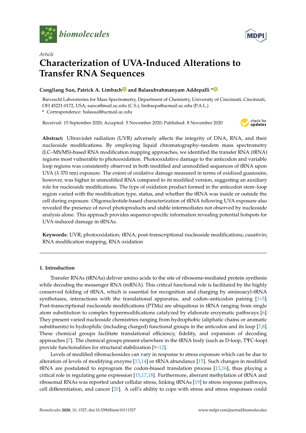 Characterization of UVA-Induced Alterations to Transfer RNA Sequences