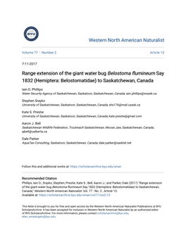 Range Extension of the Giant Water Bug Belostoma Flumineum Say 1832 (Hemiptera: Belostomatidae) to Saskatchewan, Canada