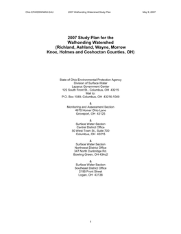 2007 Study Plan for the Walhonding Watershed (Richland, Ashland, Wayne, Morrow Knox, Holmes and Coshocton Counties, OH)