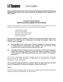 Toronto Tourism Sector 2002 Performance Update (Various Wards)