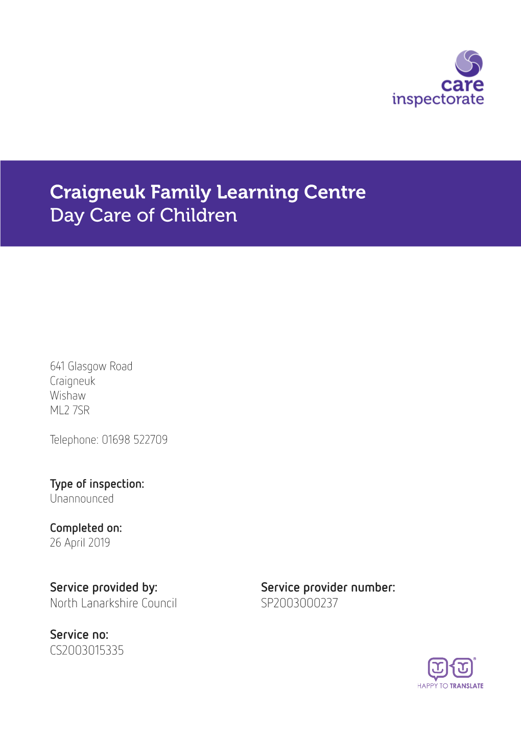 Craigneuk Family Learning Centre Day Care of Children