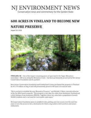 600 ACRES in VINELAND to BECOME NEW NATURE PRESERVE August 20, 2018