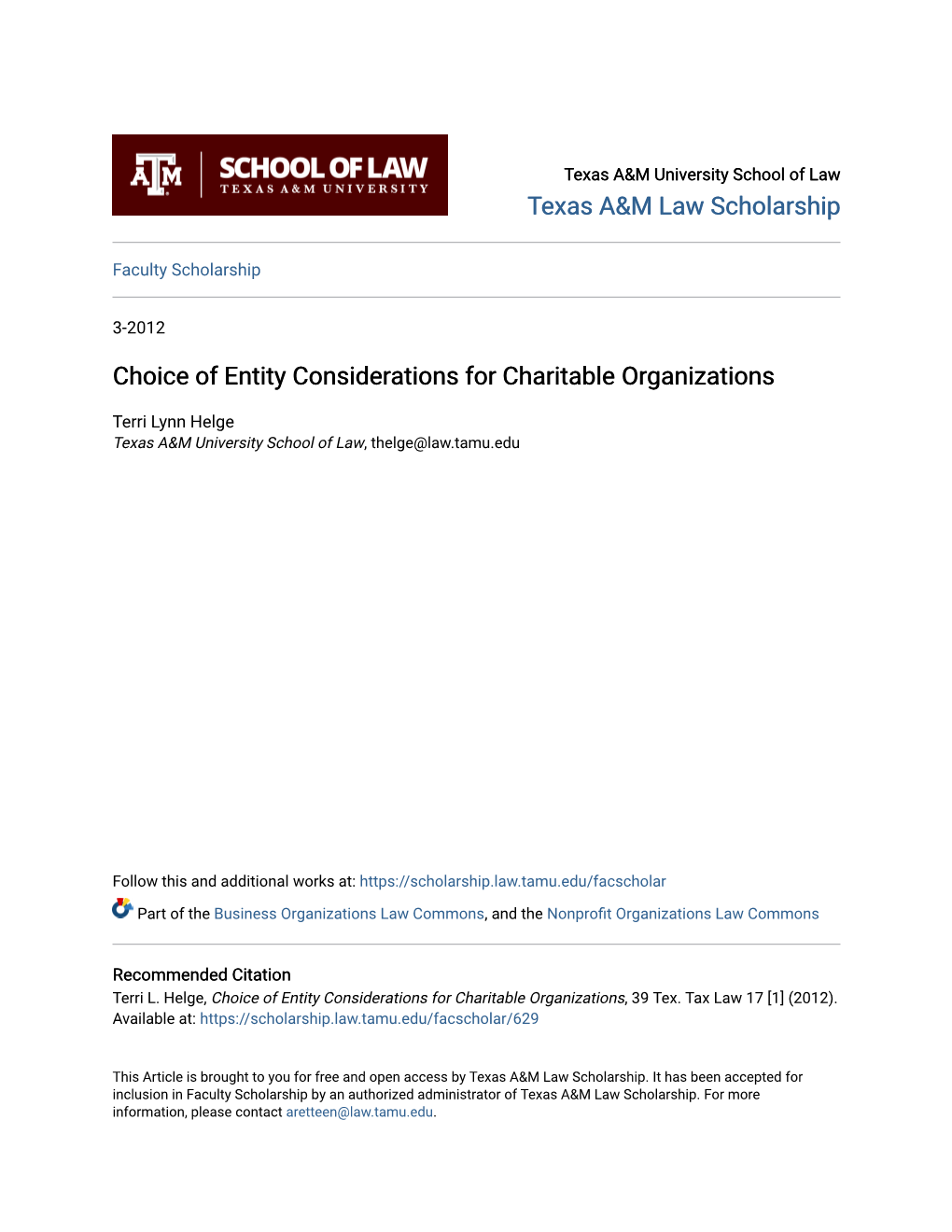 Choice of Entity Considerations for Charitable Organizations