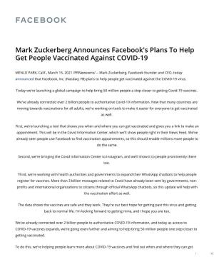 Mark Zuckerberg Announces Facebook's Plans to Help Get People Vaccinated Against COVID-19