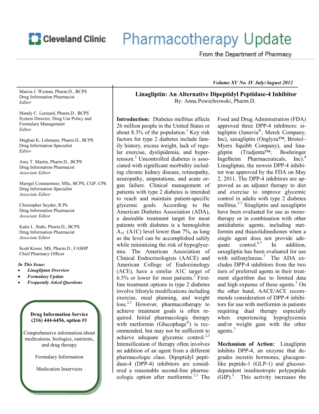 Pharmcotherapy Update 2012 V 15 Num 4