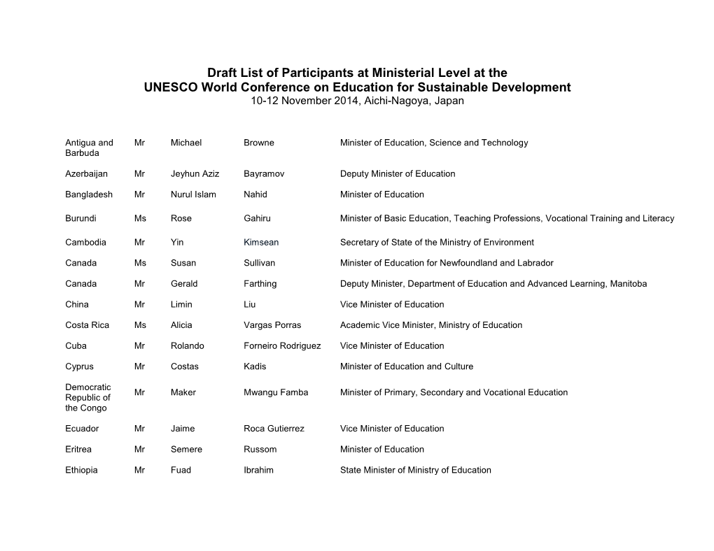 Draft List of Participants at Ministerial Level at the UNESCO World Conference on Education for Sustainable Development 10-12 November 2014, Aichi-Nagoya, Japan