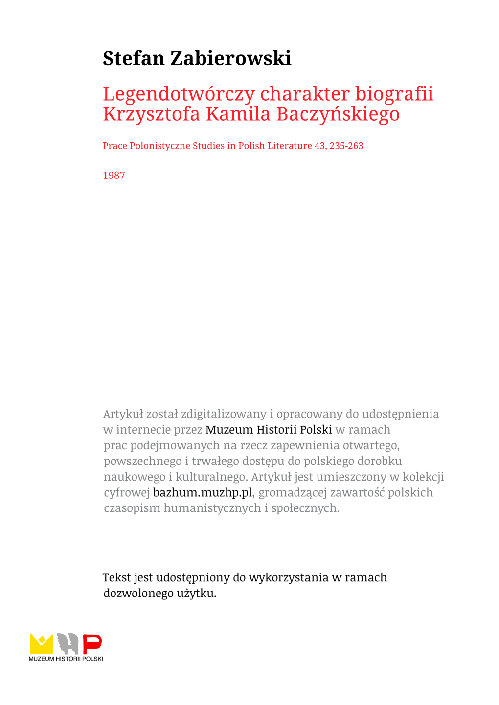 Stefan Zabierowski Legendotwórczy Charakter Biografii Krzysztofa Kamila Baczyńskiego