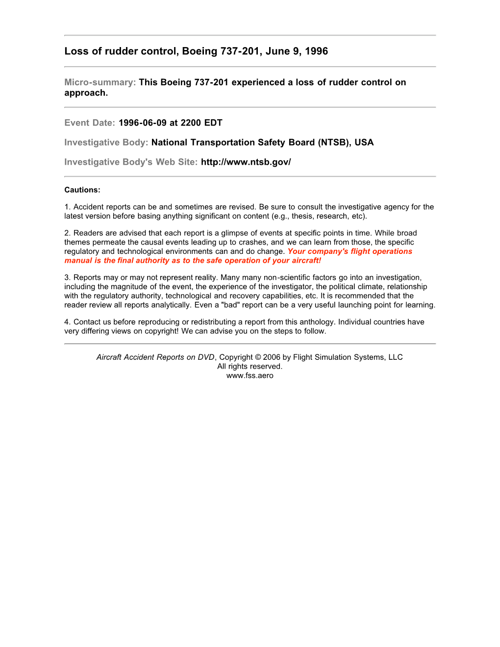 Loss of Rudder Control, Boeing 737-201, June 9, 1996