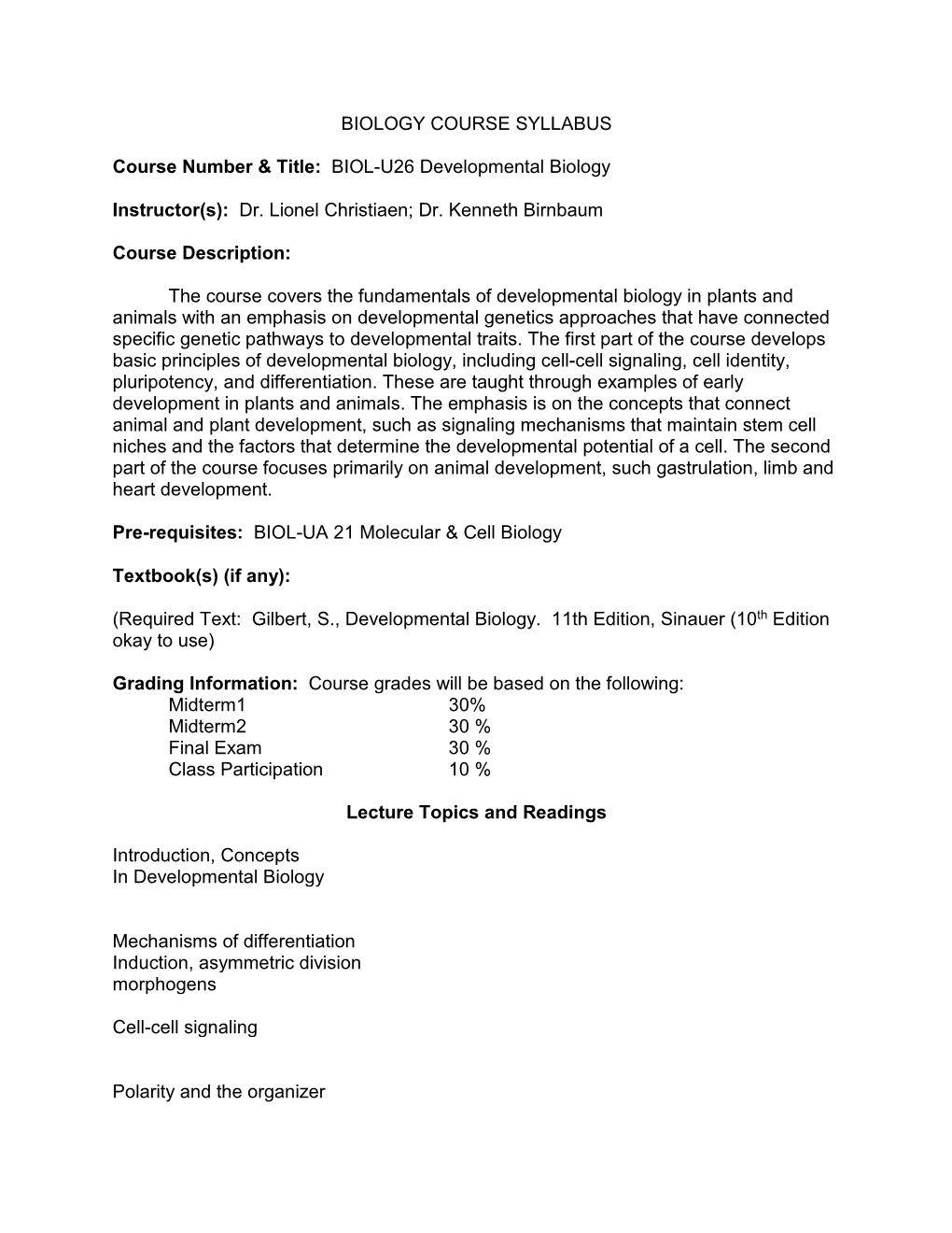 Syllabus BIOL-UA 26 Developmental Biology