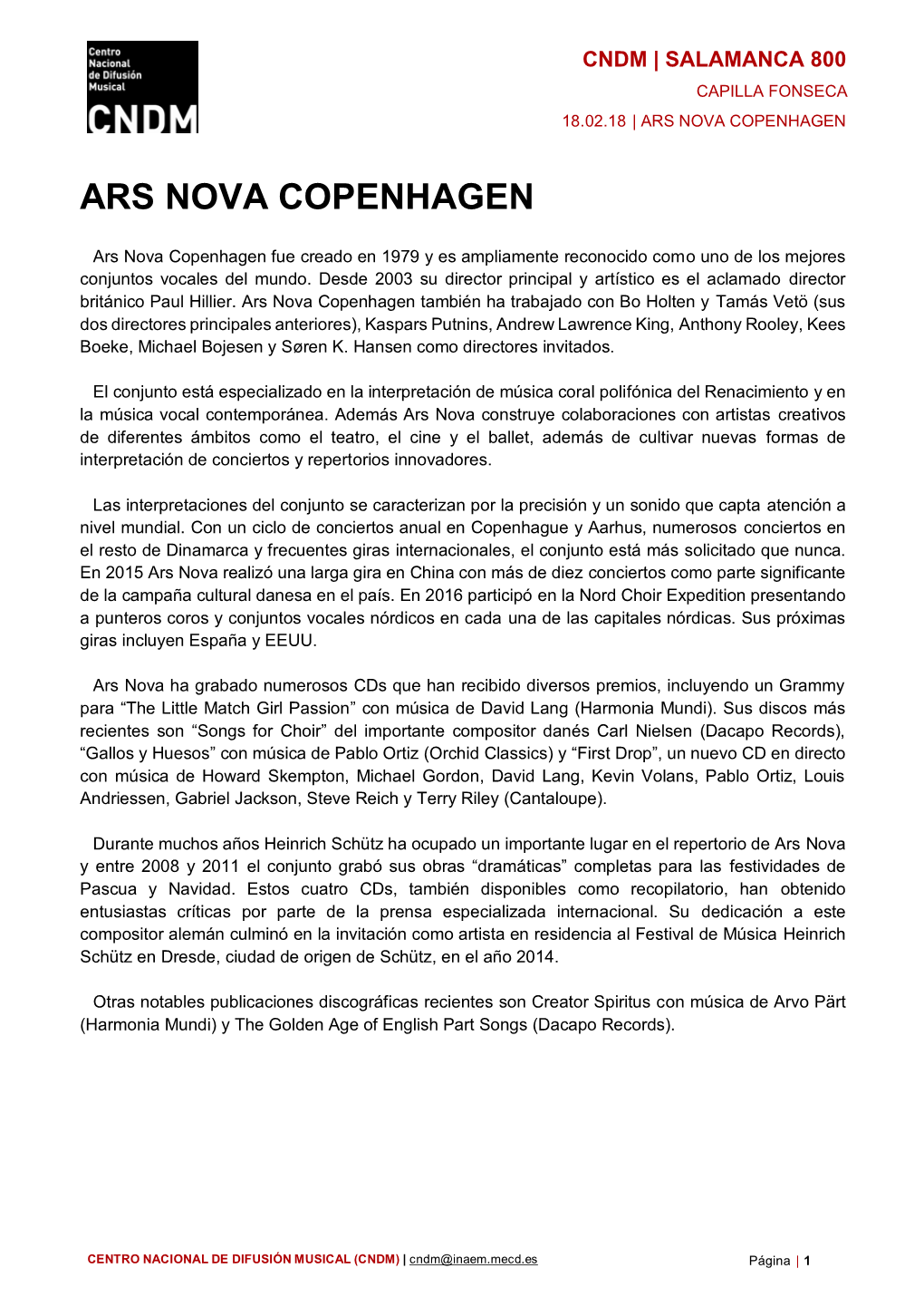 Biografía Ars Nova Copenhagen