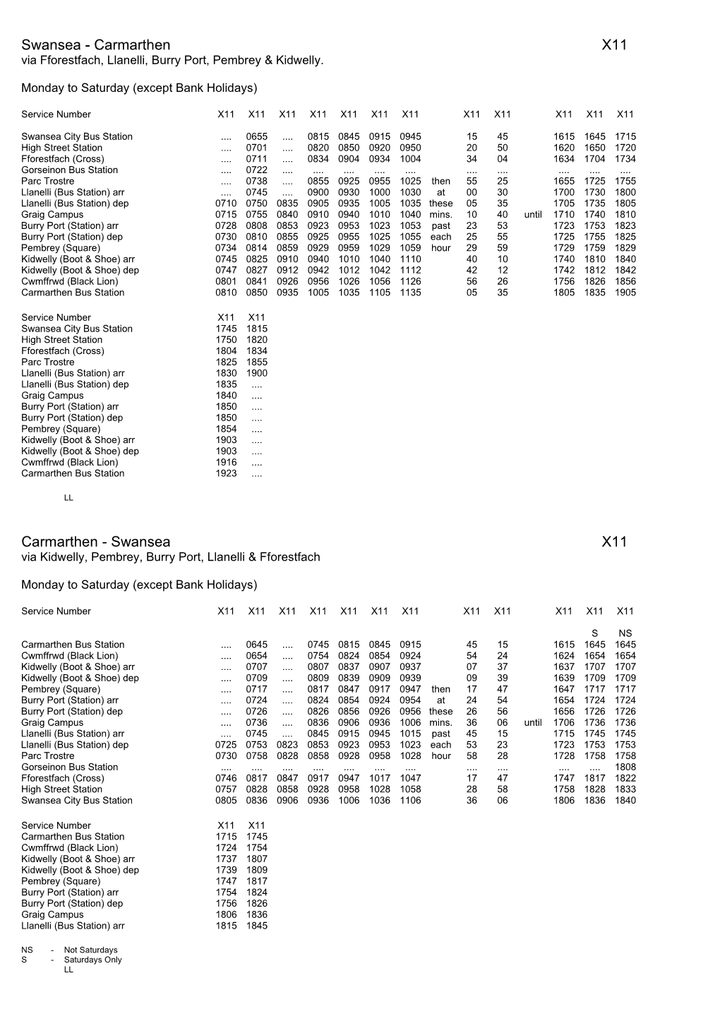 Swansea - Carmarthen X11 Via Fforestfach, Llanelli, Burry Port, Pembrey & Kidwelly