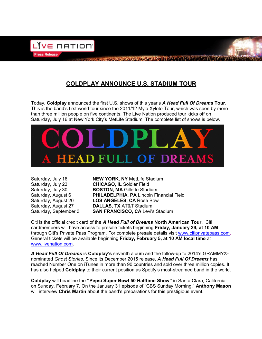 Coldplay Announce U.S. Stadium Tour