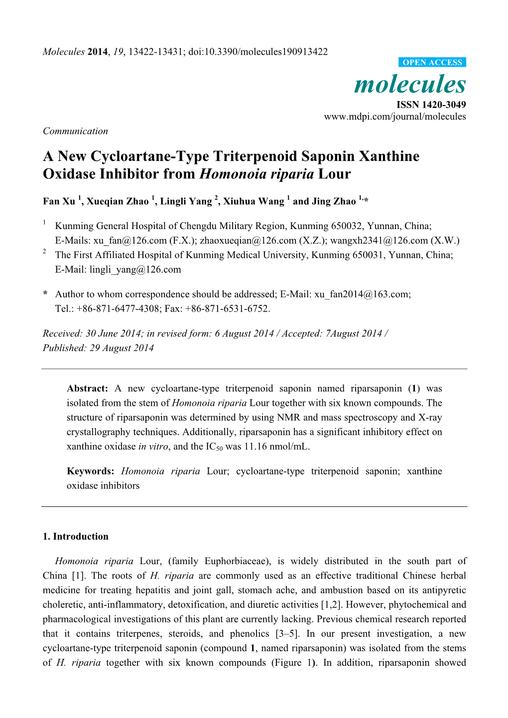 A New Cycloartane-Type Triterpenoid Saponin Xanthine Oxidase Inhibitor from Homonoia Riparia Lour