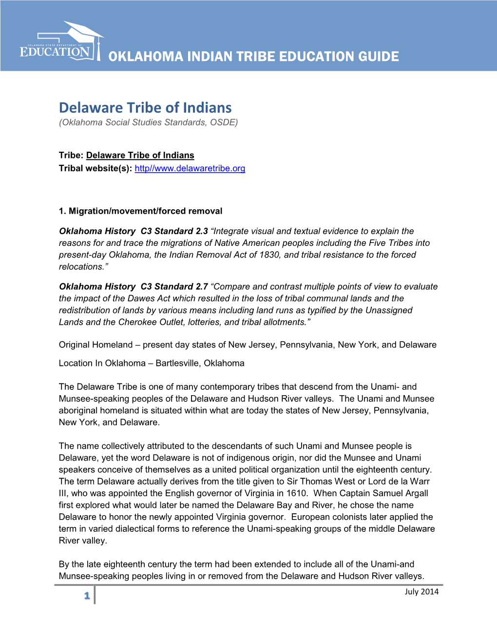 Delaware Tribe of Indians (Oklahoma Social Studies Standards, OSDE)