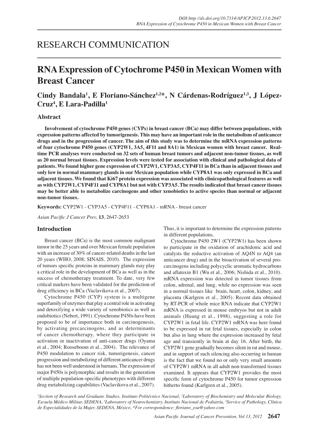 RNA Expression of Cytochrome P450 in Mexican Women with Breast Cancer