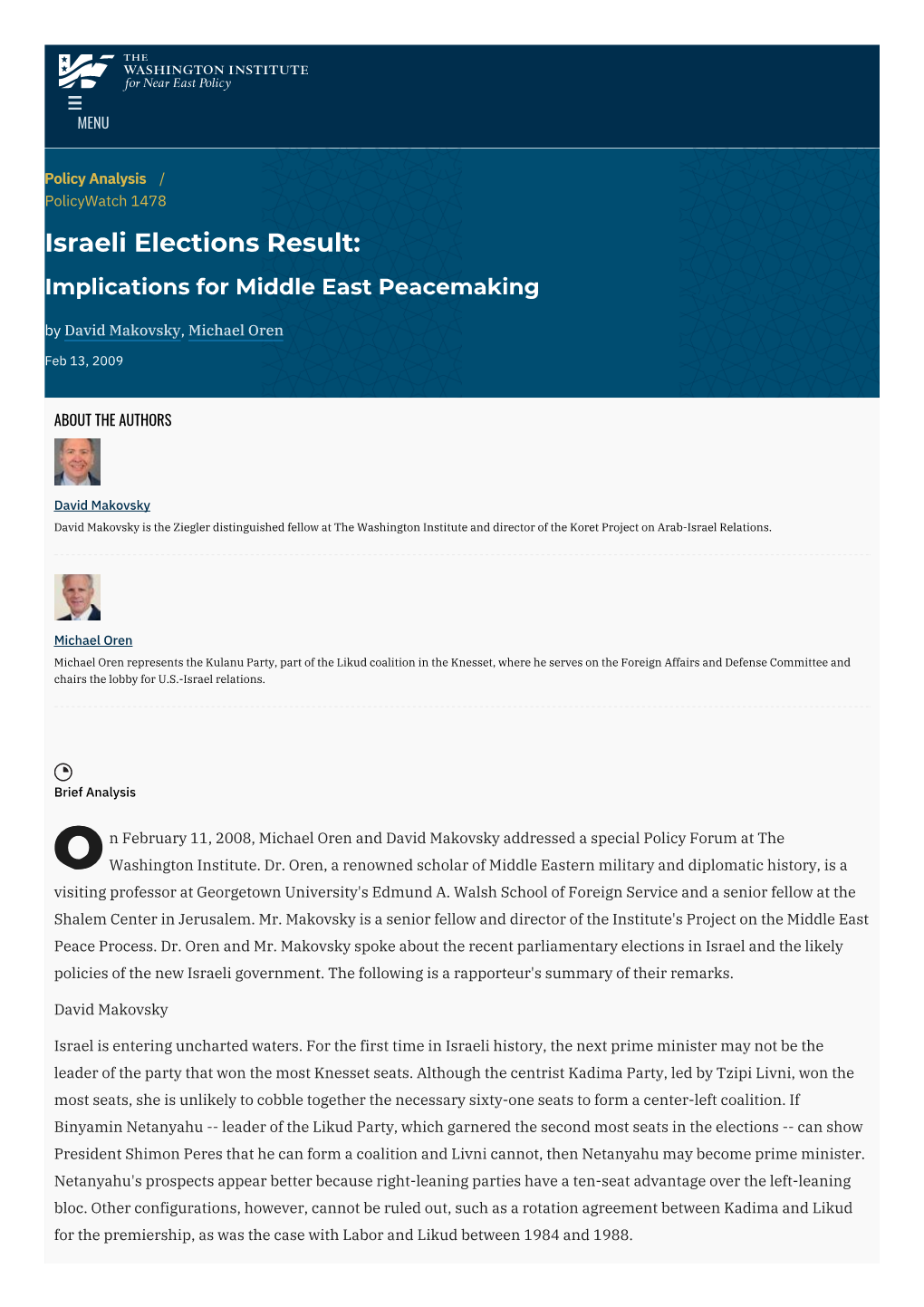 Israeli Elections Result: Implications for Middle East Peacemaking by David Makovsky, Michael Oren