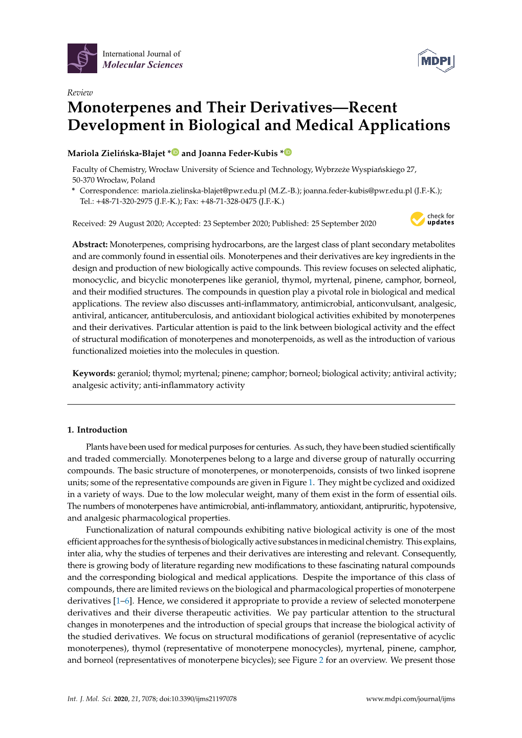 Monoterpenes and Their Derivatives—Recent Development in Biological and Medical Applications