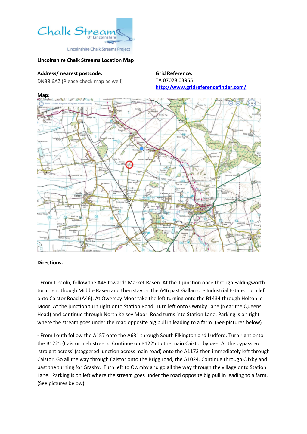 Lincolnshire Chalk Streams Location Map Address