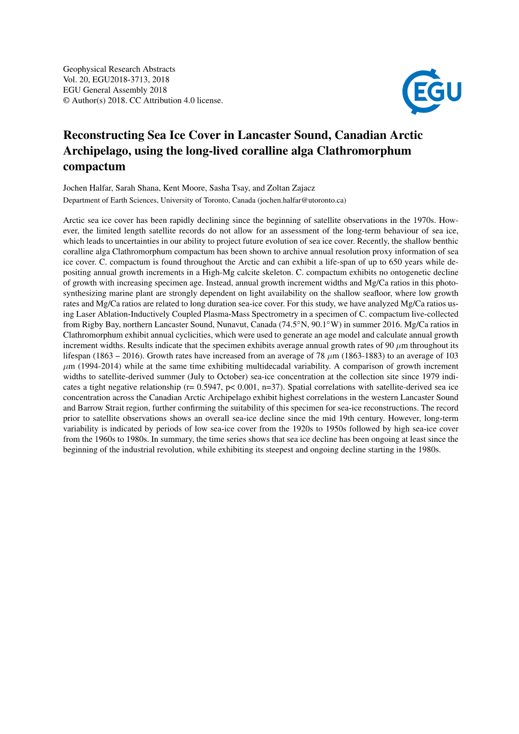 Reconstructing Sea Ice Cover in Lancaster Sound, Canadian Arctic Archipelago, Using the Long-Lived Coralline Alga Clathromorphum Compactum