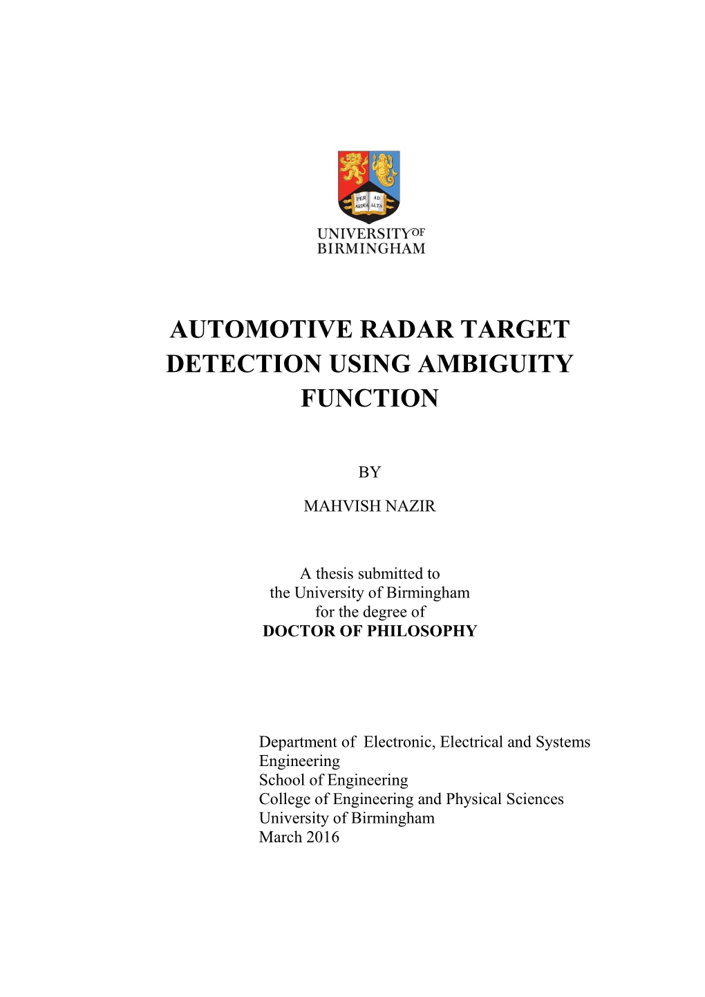 Automotive Radar Target Detection Using Ambiguity Function