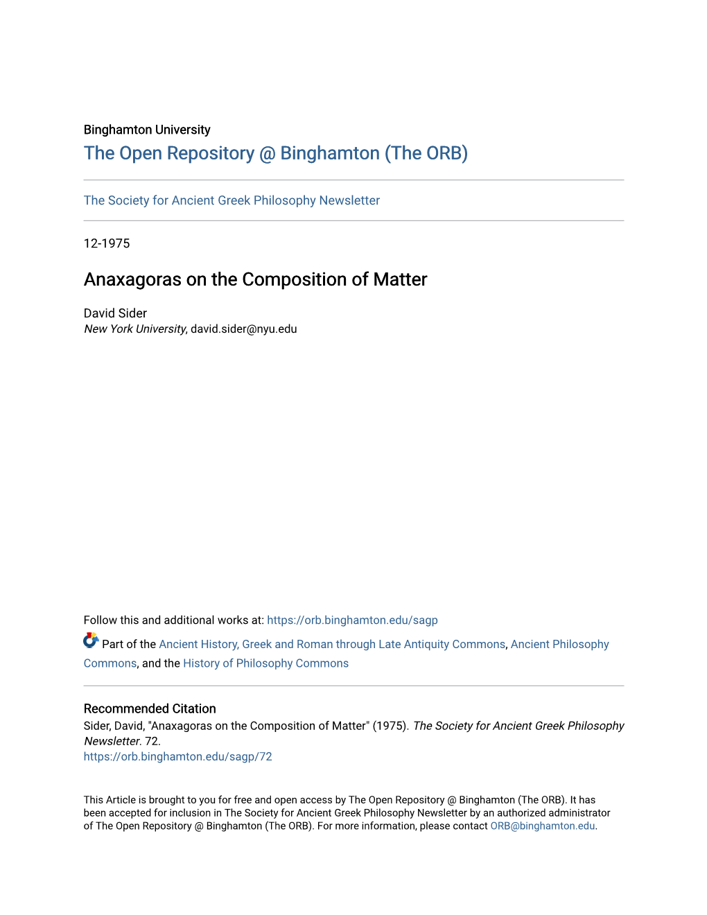 Anaxagoras on the Composition of Matter