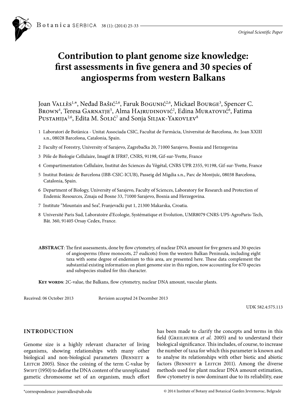 Contribution to Plant Genome Size Knowledge: First Assessments in Five Genera and 30 Species of Angiosperms from Western Balkans