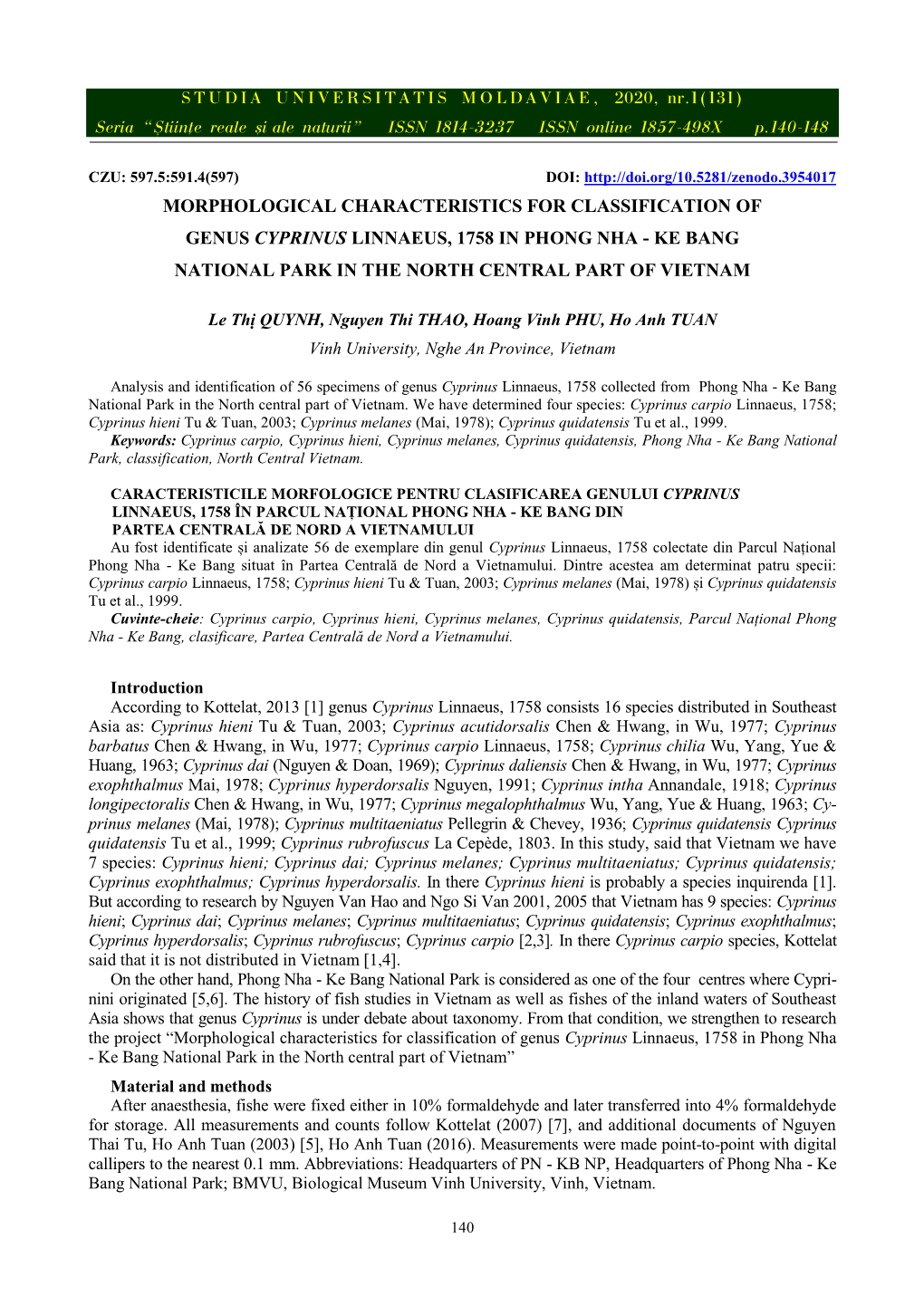 Morphological Characteristics for Classification of Genus Cyprinus Linnaeus, 1758 in Phong Nha - Ke Bang National Park in the North Central Part of Vietnam