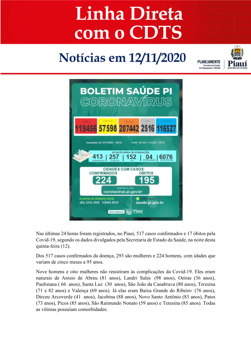 Nas Últimas 24 Horas Foram Registrados, No Piauí, 517 Casos